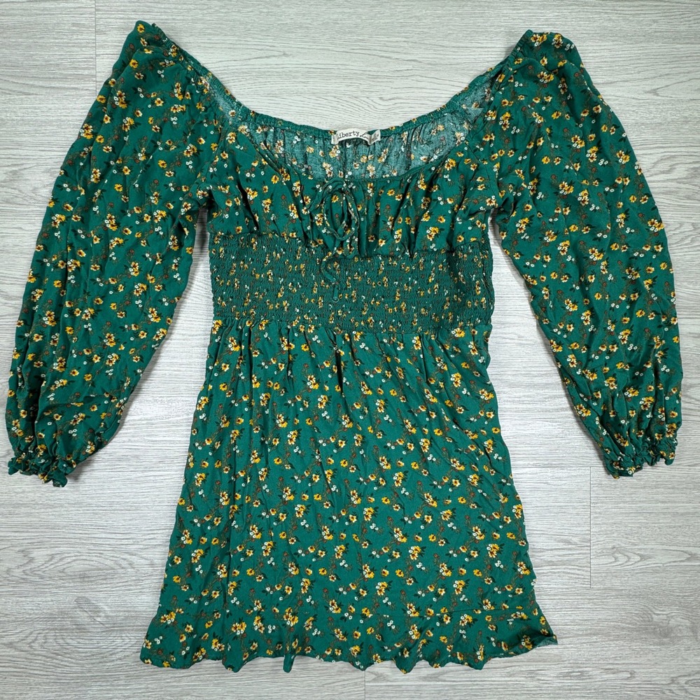 Liberty Love Women's Mini Dress Green XL Floral Smocked Waist Long Sleeve Boho